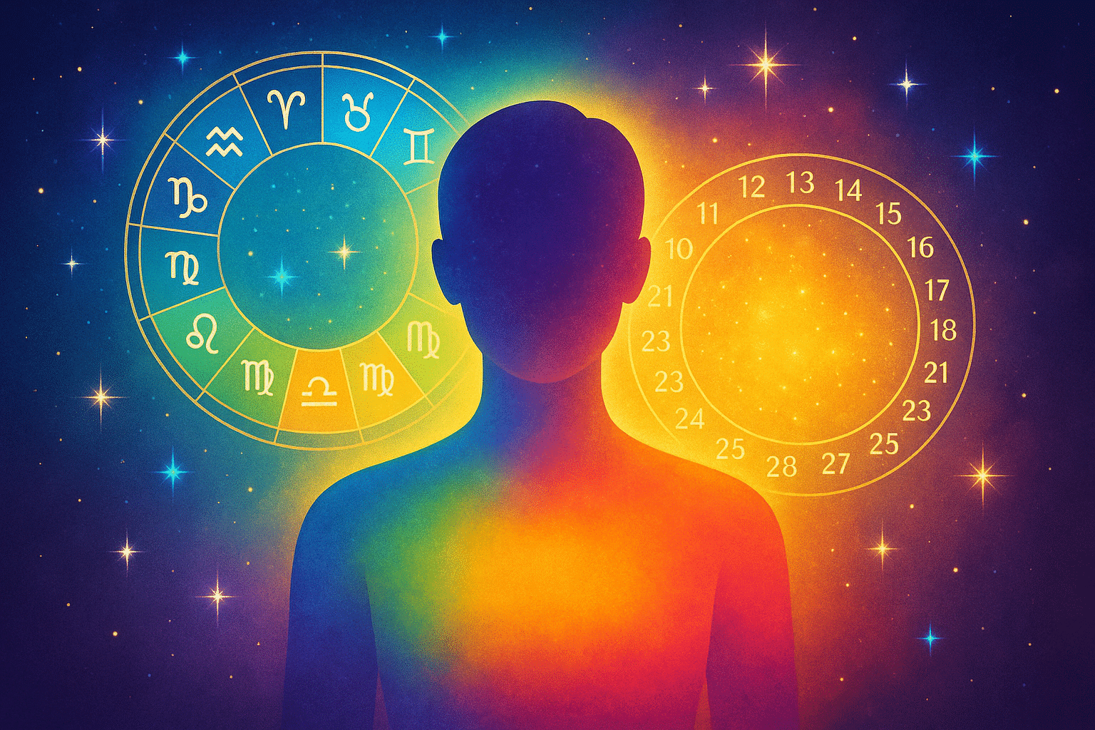 Human silhouette with colourful aura, zodiac signs, and birth-date wheel.