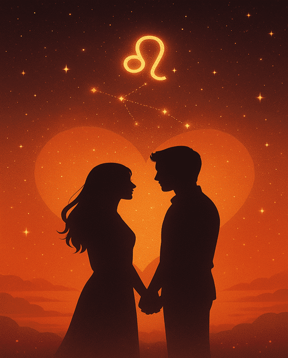 Couple silhouette under the glowing Leo zodiac sign with a heart aura.